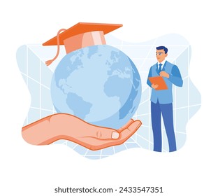 Hand holding a globe with a graduation cap on top. Man using tablet following global business studies. Education concept. flat vector modern illustration