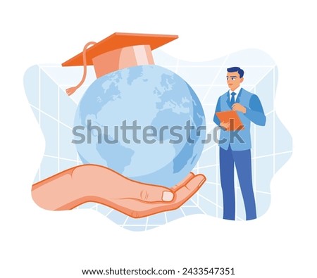 Hand holding a globe with a graduation cap on top. Man using tablet following global business studies. Education concept. flat vector modern illustration