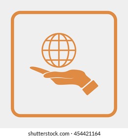 Hand holding globe icon.