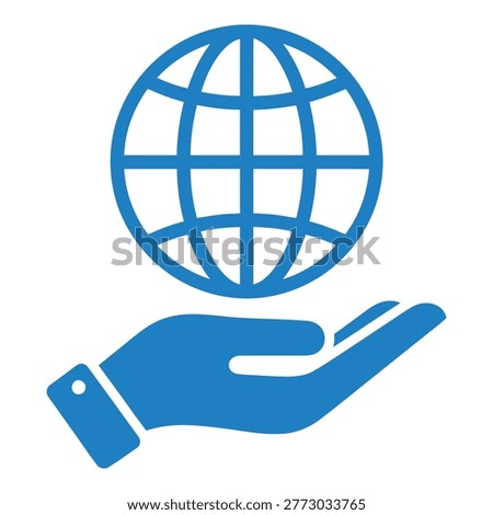 Hand holding globe icon in blue color on white background icon