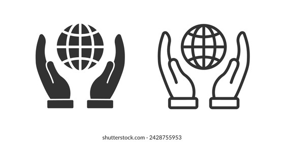 Hand holding globe icon. Earth, global care. Network symbol. Ecology planet sign.