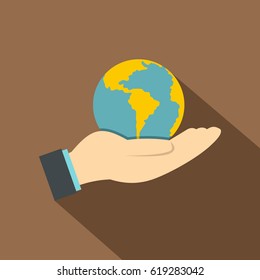 Hand holding globe icon. Flat illustration of hand holding globe vector icon for web