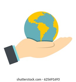 Hand holding globe icon flat isolated on white background vector illustration