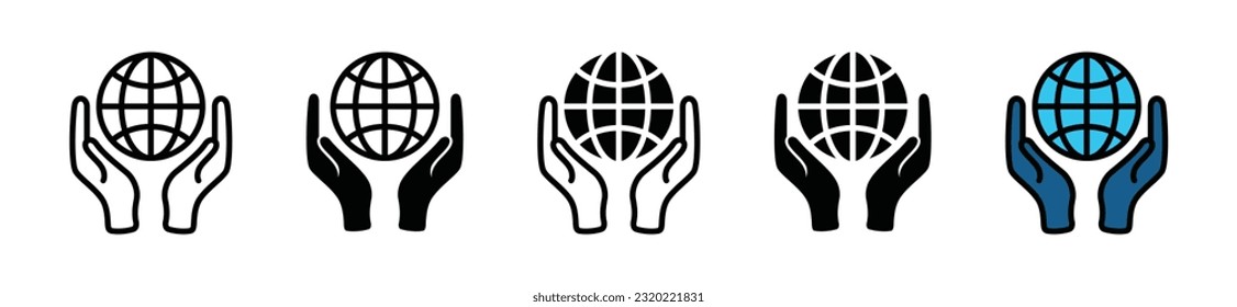 Icono de la mano que sostiene el globo. Línea de negocio Glabal e icono plano para el símbolo de marketing en fondo blanco con trazo editable para aplicaciones y sitios web. Ilustración del vector EPS 10