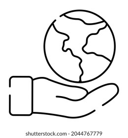 Hand holding globe, icon of planet care