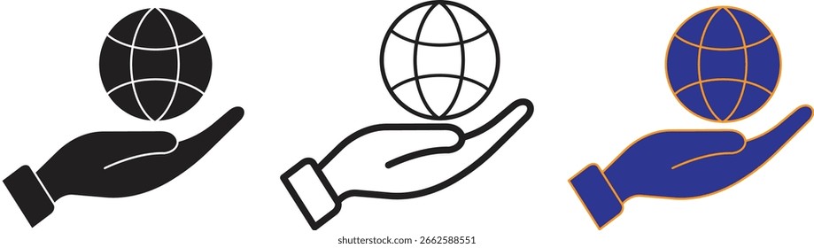 Icono de globo de mano que representa la Asistencia global o el servicio de acceso a Internet con fondo transparente