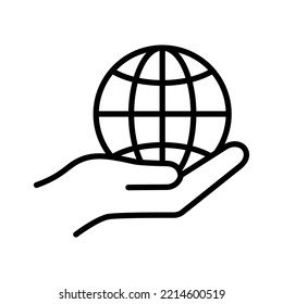 Hand holding globe icon. Save planet. Idea of planet care. Pictogram isolated on a white background.
