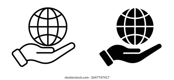 Hand holding globe icon set black and outline version for sustainability care global network concept design. Fully scalable and customizable.