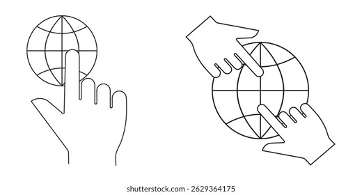 Mano que sostiene el icono del globo. Dos manos que sostienen el icono de la línea del globo para el Web, el móvil y la infografía. Vector gris oscuro icono aislado sobre fondo gris claro EPS 10