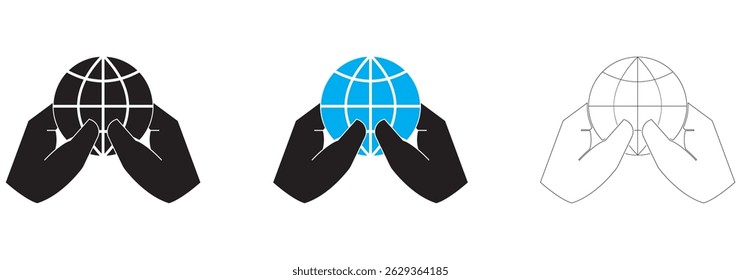 Mano que sostiene el icono del globo. Dos manos que sostienen el icono de la línea del globo para el Web, el móvil y la infografía. Vector gris oscuro icono aislado sobre fondo gris claro EPS 10
