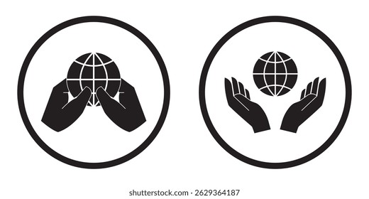 Mano que sostiene el icono del globo. Dos manos que sostienen el icono de la línea del globo para el Web, el móvil y la infografía. Vector gris oscuro icono aislado sobre fondo gris claro EPS 10