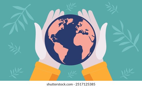 Una mano sosteniendo un globo con un fondo frondoso. Concepto de protección del planeta y la importancia de cuidar el medio ambiente