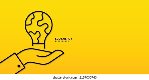 Hand holding globe light bulb on yellow background, Pollution and environment protection concept, Green energy electricity usage
