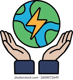 A hand holding a globe with a lightning bolt on it. Concept of protecting the environment and the importance of renewable energy