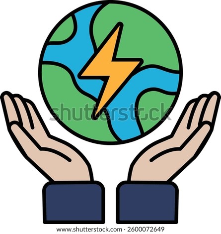 A hand holding a globe with a lightning bolt on it. Concept of protecting the environment and the importance of renewable energy