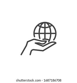 Hand Holding Globe Line Icon. Linear Style Sign For Mobile Concept And Web Design. World Globe And Hand Outline Vector Icon. Symbol, Logo Illustration. Vector Graphics