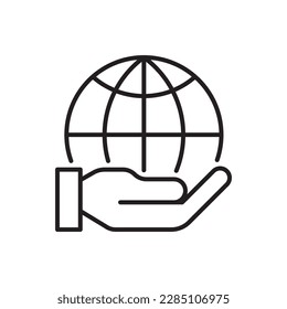 Hand holding a globe line icon