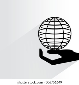 hand holding globe on white background, flat and shadow theme