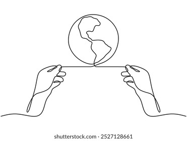 Mano que sostiene un globo en un dibujo de línea continua. Diseño minimalista para temas de cuidado global y conciencia ambiental. Ilustración dibujada a mano simplificada.