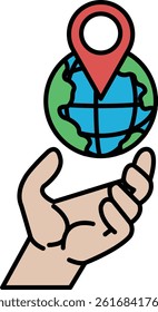 A hand holding a globe with a red and green pin on it. The globe is surrounded by a circle