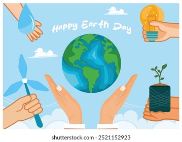 Hand holding a globe. Shoots, windmills, water, and light bulbs in the world. Earth Day concept. Flat vector illustration.