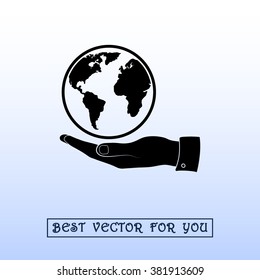 Hand holding globe sign icon, vector illustration. Flat design style 