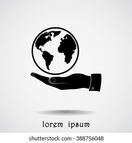 Hand holding globe sign icon, vector illustration. Flat design style 