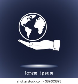 Hand holding globe sign icon, vector illustration. Flat design style 