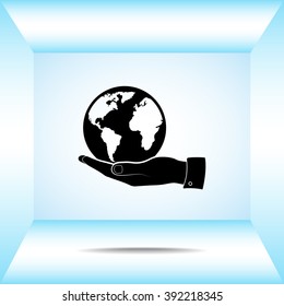 Hand holding globe sign icon, vector illustration. Flat design style 