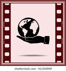 Hand holding globe sign icon, vector illustration. Flat design style 