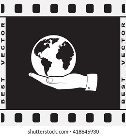 Hand holding globe sign icon, vector illustration. Flat design style 