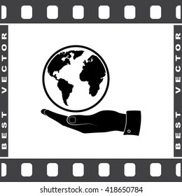 Hand holding globe sign icon, vector illustration. Flat design style 