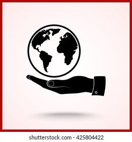 Hand holding globe sign icon, vector illustration. Flat design style 