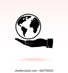 Hand holding globe sign icon, vector illustration. Flat design style 