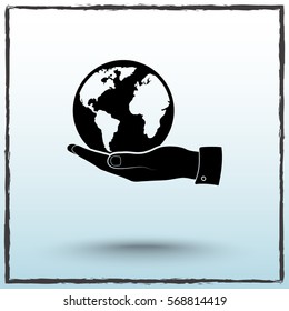 Hand holding globe sign icon, vector illustration. Flat design style 