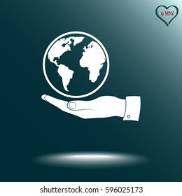 Hand holding globe sign icon, vector illustration. Flat design style 