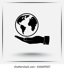 Hand holding globe sign icon, vector illustration. Flat design style 