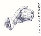 Hand holding globe. Small world concept  Vintage Engraving style retro vector lineart Hand drawn illustration