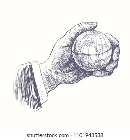 Hand holding globe. Small world concept  Vintage Engraving style retro vector lineart Hand drawn illustration