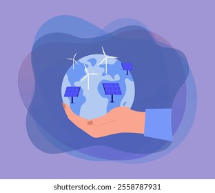 Hand holding globe with solar panels and wind turbines. Alternative sources of energy flat vector illustration. Ecology, environment, green energy concept for banner, website design or landing page