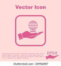 hand holding a globe symbol. news. Symbol news. Icon globe planet