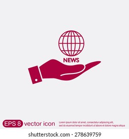 hand holding a globe symbol. news. Symbol news. Icon globe planet