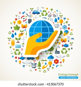 Hand holding globe symbol. Vector concept illustration with icons of ecology, environment, green energy and pollution. Save the planet. Eco Technology.