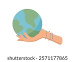 Hand holding globe symbolizes connection. Woman gives and receives the earth as a gesture of unity. Concept of peace, charity, and hope, flat style, suitable for environmental themes.