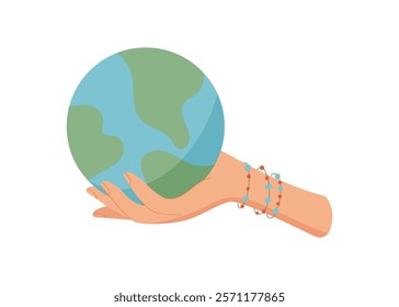 Hand holding globe symbolizes connection. Woman gives and receives the earth as a gesture of unity. Concept of peace, charity, and hope, flat style, suitable for environmental themes.