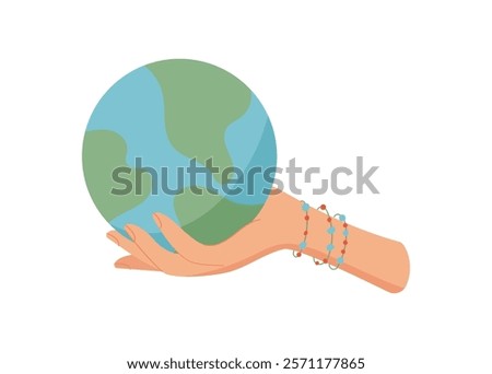 Hand holding globe symbolizes connection. Woman gives and receives the earth as a gesture of unity. Concept of peace, charity, and hope, flat style, suitable for environmental themes.