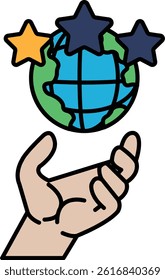 A hand holding a globe with three stars on it. The globe is surrounded by a blue and green frame. The hand is reaching out to the globe, as if to protect it