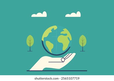 Hand holding a globe with trees and clouds. Concept of environmental protection, sustainability, ecology, global warming, climate change, and green energy.