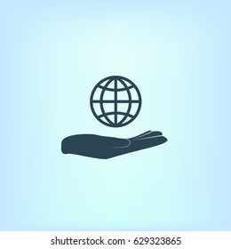 Hand holding globe vector icon