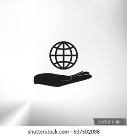 Hand holding globe vector icon